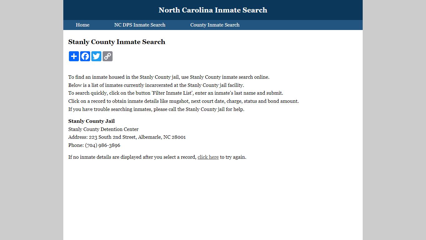 Stanly County Inmate Search